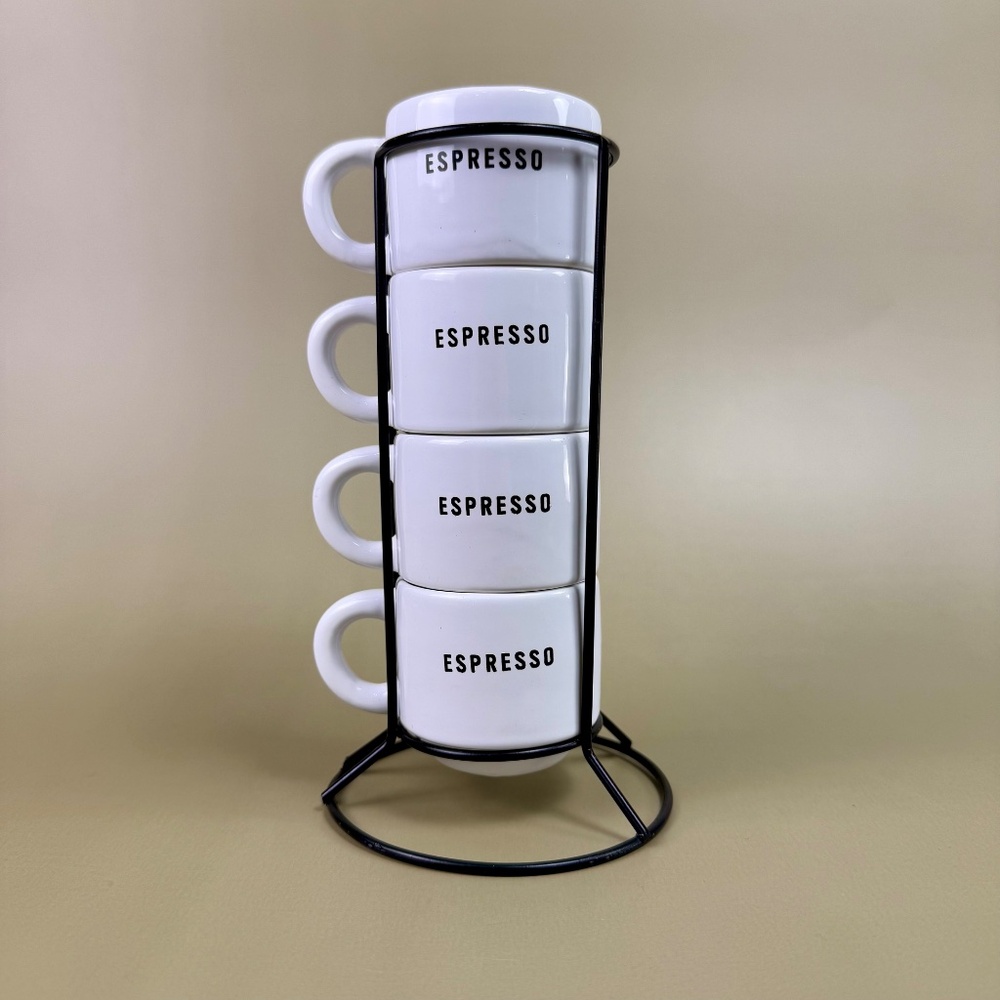 Stacking Espresso Cup Set with Stand | Modern White Ceramic Mugs - Picture 2 of 10